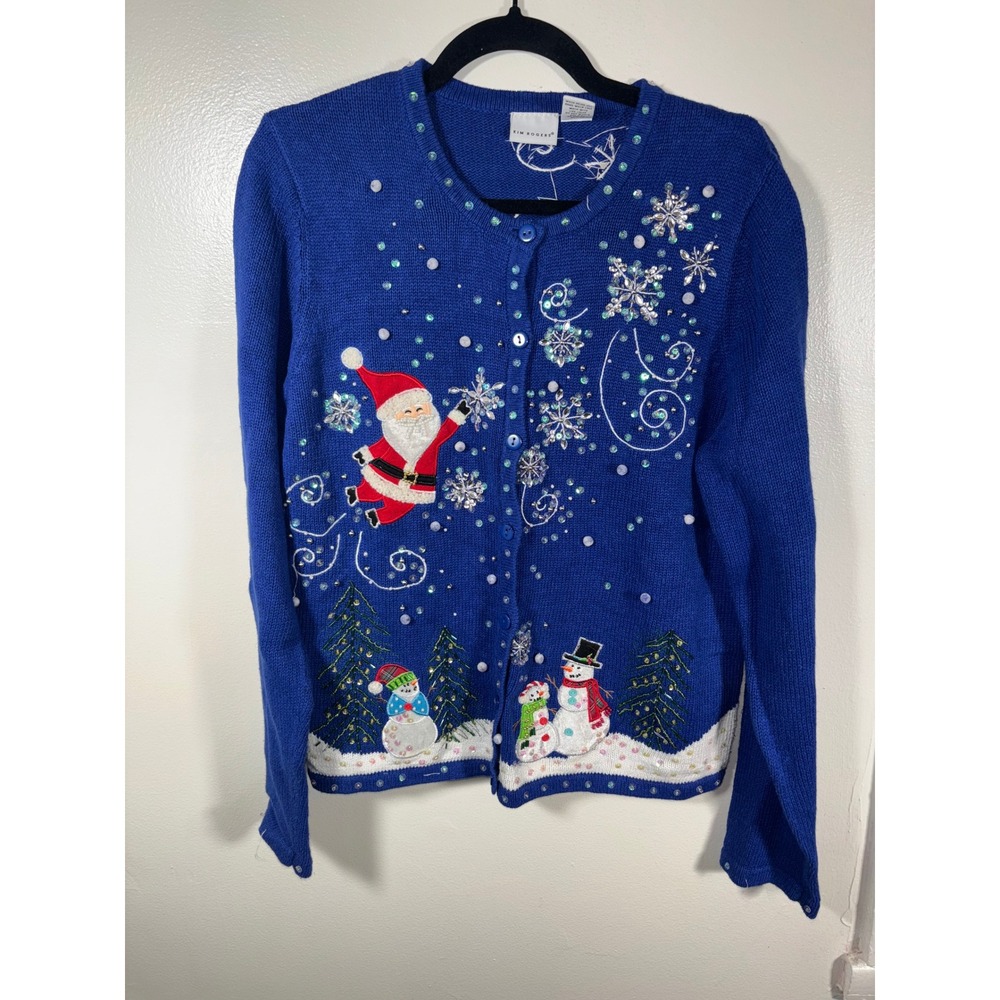 Kim Rogers Christmas Cardigan‎ Women Sz L Blue Santa Snowman Beaded Ugly Sweater